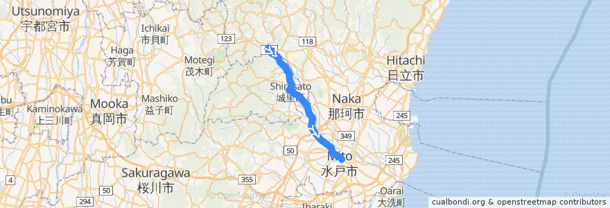 Mapa del recorrido 茨城交通バス45系統 野口車庫⇒石塚⇒水戸駅 de la línea  en 이바라키현.