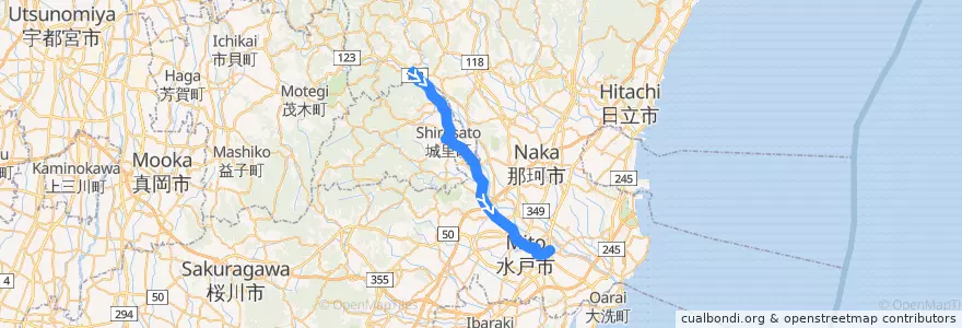 Mapa del recorrido 茨城交通バス45系統 野口車庫⇒石塚・水戸駅⇒浜田営業所 de la línea  en Ibaraki Prefecture.