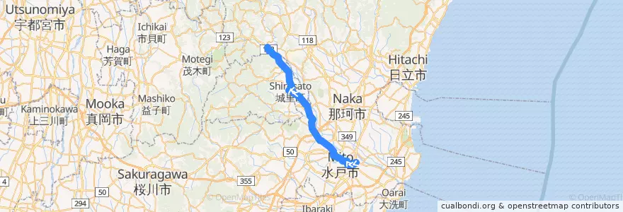 Mapa del recorrido 茨城交通バス45系統 浜田営業所⇒水戸駅・石塚⇒野口車庫 de la línea  en Ибараки.