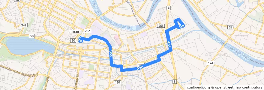 Mapa del recorrido 茨城交通バス 水戸駅⇒本町⇒若宮団地・浜田営業所 de la línea  en Mito.