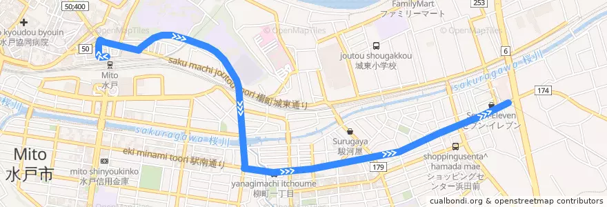 Mapa del recorrido 茨城交通バス 水戸駅⇒東台⇒浜田営業所 de la línea  en Мито.