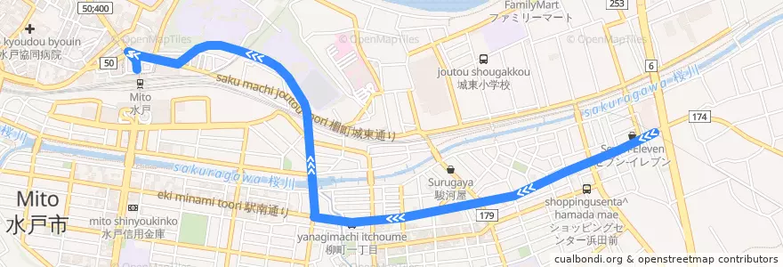 Mapa del recorrido 茨城交通バス 浜田営業所⇒東台⇒水戸駅 de la línea  en Mito.
