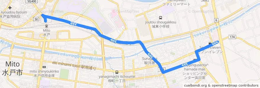 Mapa del recorrido 茨城交通バス 浜田営業所⇒竹隈町⇒水戸駅 de la línea  en Mito.