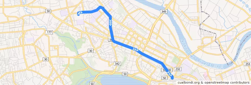 Mapa del recorrido 茨城交通バス7系統 水高スクエア⇒栄町⇒水戸駅 de la línea  en Mito.