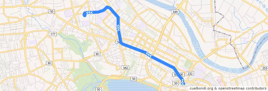 Mapa del recorrido 茨城交通バス7系統 水戸駅⇒栄町⇒水高スクエア de la línea  en Мито.