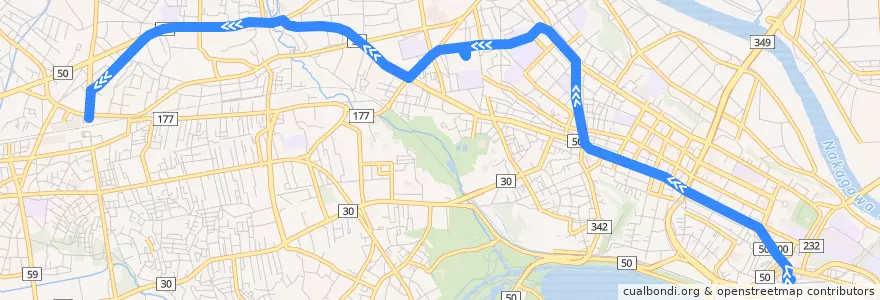 Mapa del recorrido 茨城交通バス7系統 水戸駅⇒水高スクエア・石川町⇒赤塚駅 de la línea  en Мито.
