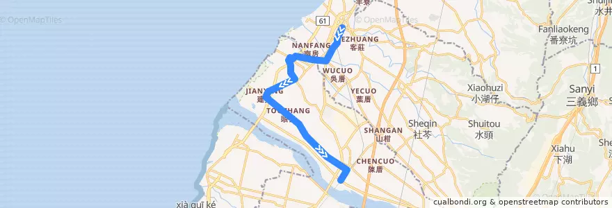 Mapa del recorrido 181區1 (往日南國中_往程（經船頭埔）) de la línea  en Taiwán.