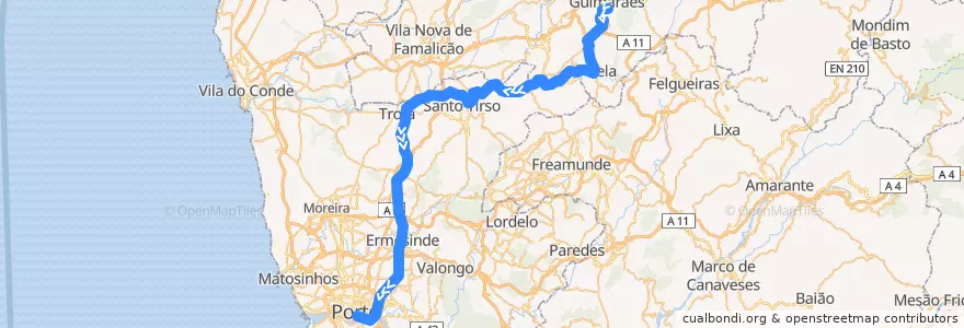 Mapa del recorrido Comboio Urbano: Guimarães => Porto (São Bento) de la línea  en المنطقة الشمالية (البرتغال).