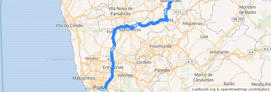 Mapa del recorrido Comboio Urbano: Porto (São Pento) => Guimarães de la línea  en المنطقة الشمالية (البرتغال).