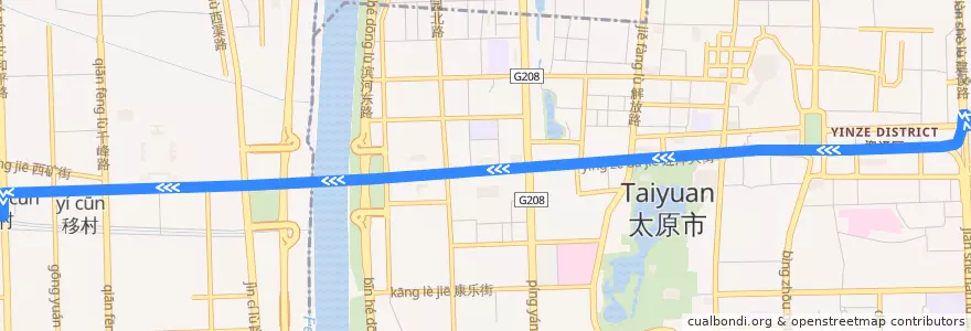 Mapa del recorrido 1路： 火车站 ->下元 de la línea  en 太原市.
