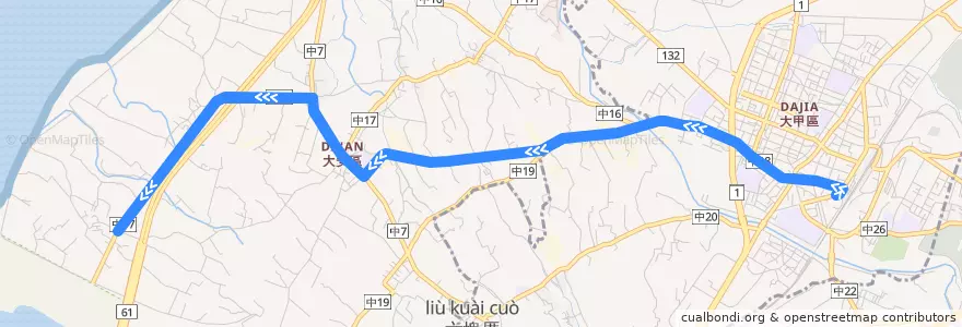 Mapa del recorrido 216路 (往大甲_返程) de la línea  en Тайчжун.
