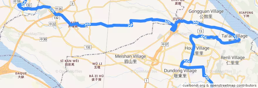 Mapa del recorrido 214路 (往后里馬場_返程) de la línea  en Тайчжун.