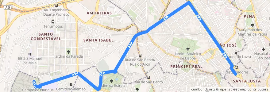 Mapa del recorrido Bus 709: Campo de Ourique (Prazeres) → Restauradores de la línea  en Lisbon.