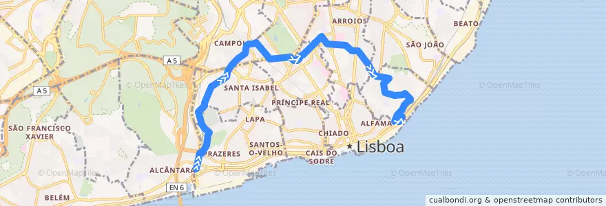 Mapa del recorrido Bus 712: Alcântara Mar → Estação de Santa Apolónia de la línea  en Lizbon.