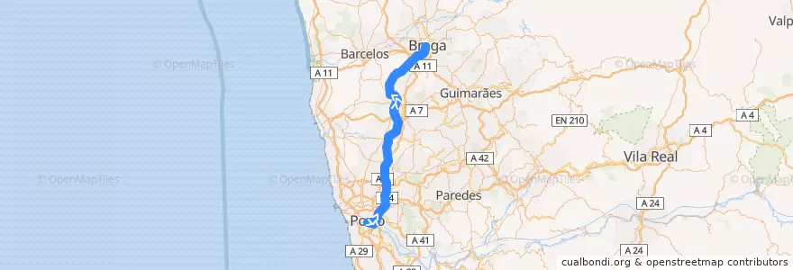 Mapa del recorrido Comboio Urbano: Porto (São Bento) => Braga de la línea  en Norte.
