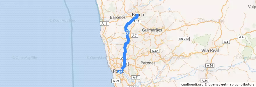 Mapa del recorrido Comboio Urbano: Braga => Porto (São Bento) de la línea  en المنطقة الشمالية (البرتغال).