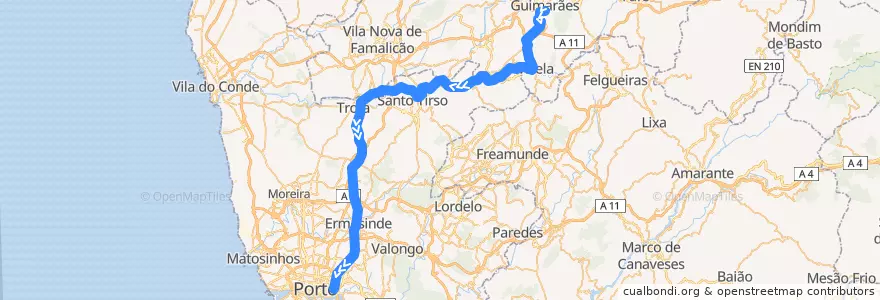 Mapa del recorrido Comboio Intercidades: Guimarães => Lisboa (Santa Apolónia) de la línea  en المنطقة الشمالية (البرتغال).