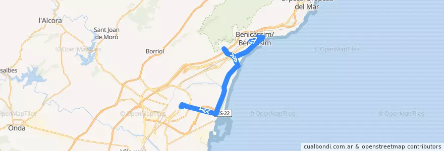 Mapa del recorrido Benicasim → Castellón por el Serradal de la línea  en la Plana Alta.