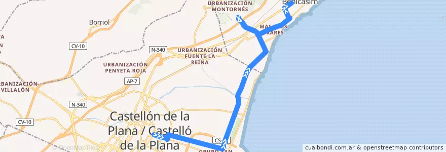 Mapa del recorrido Castellón → Benicasim por el Serradal de la línea  en la Plana Alta.