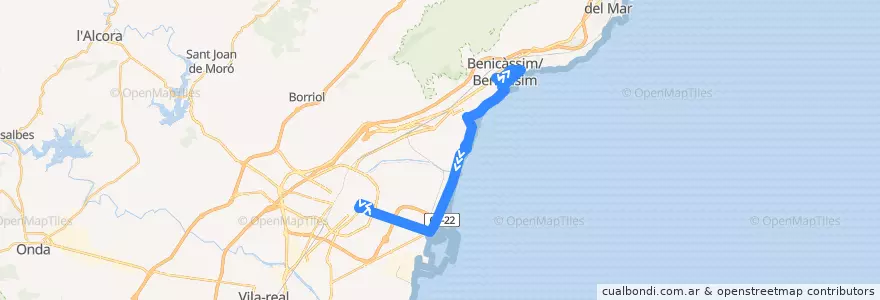 Mapa del recorrido Benicasim → Castellón por las Villas de la línea  en la Plana Alta.
