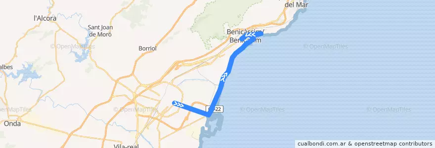 Mapa del recorrido Castellón → Benicasim por las Villas de la línea  en la Plana Alta.