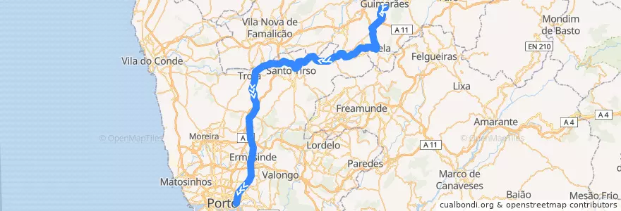 Mapa del recorrido Comboio Alfa Pendular: Lisboa (Santa Apolónia) => Guimarães de la línea  en المنطقة الشمالية (البرتغال).
