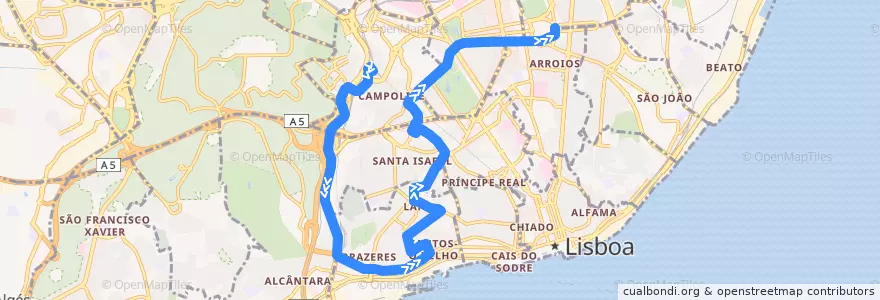 Mapa del recorrido Bus 713: Estação de Campolide → Alameda Dom Afonso Henriques de la línea  en Lisboa.
