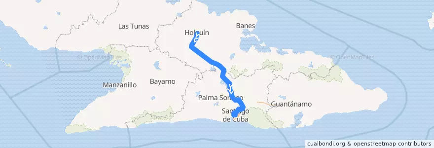 Mapa del recorrido Tren Holguin Santiago de la línea  en Cuba.