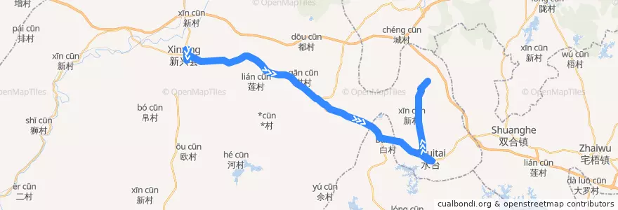 Mapa del recorrido 稔东水布冷线(新兴汽车站-布冷村) de la línea  en Xinxing County.