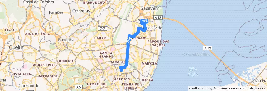 Mapa del recorrido Bus 722: Portela - Rua dos Escritores → Praça de Londres de la línea  en Лиссабон.