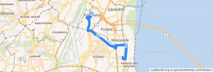 Mapa del recorrido Bus 725: Prior Velho → Estação do Oriente (Interface) de la línea  en Grande Lisboa.