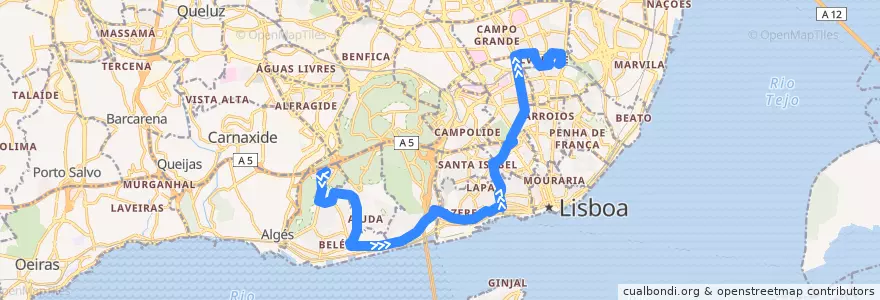 Mapa del recorrido Bus 727: Restelo - Avenida das Descobertas → Estação de Roma-Areeiro de la línea  en Lizbon.