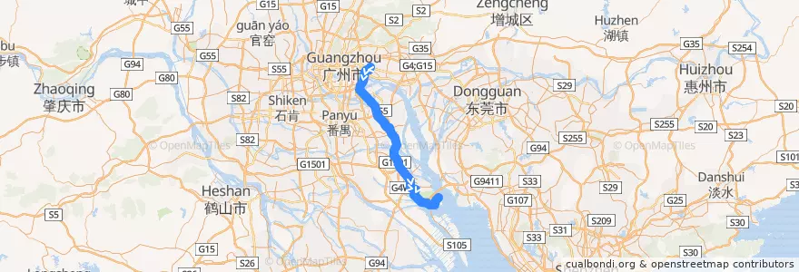 Mapa del recorrido 广州地铁4号线（黄村→南沙客运港） de la línea  en Гуанчжоу.
