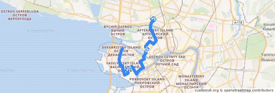 Mapa del recorrido Автобус № 1: станция метро "Чёрная речка" => улица Кораблестроителей de la línea  en Санкт-Петербург.