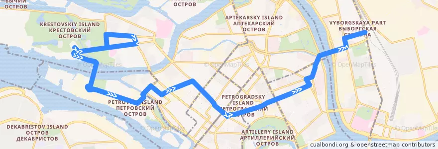 Mapa del recorrido Автобус № 14: Крестовский остров => станция метро «Выборгская» de la línea  en Петроградский район.