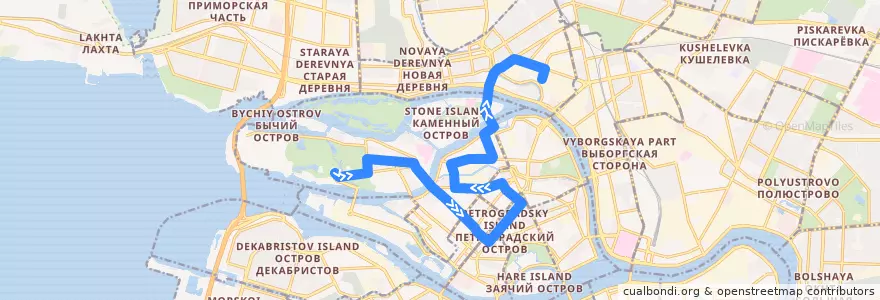 Mapa del recorrido Автобус № 25: Крестовский остров => Белоостровская улица de la línea  en Петроградский район.