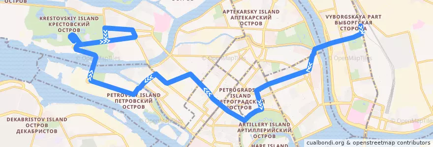 Mapa del recorrido Автобус № 14: станция метро «Выборгская» => Крестовский остров de la línea  en Петроградский район.