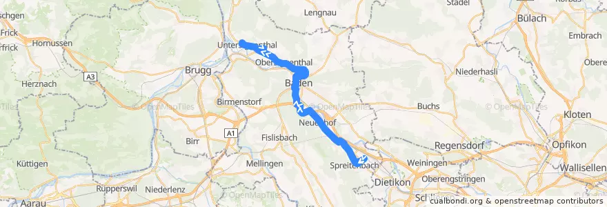 Mapa del recorrido Bus 2: Spreitenbach => Untersiggenthal de la línea  en Bezirk Baden.