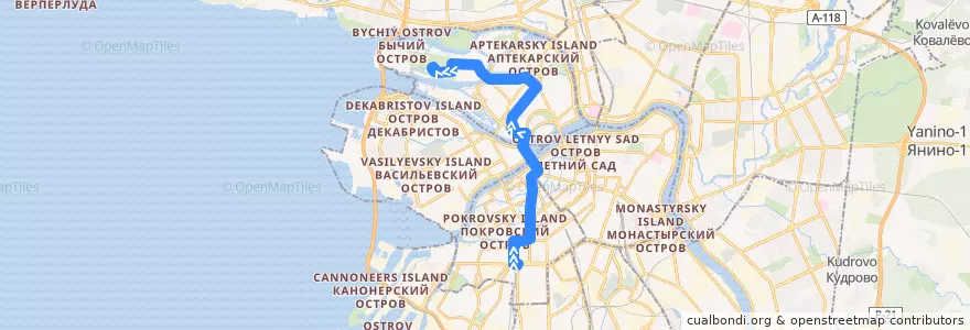 Mapa del recorrido Автобус № 10: Балтийский вокзал => Крестовский остров de la línea  en Saint-Pétersbourg.