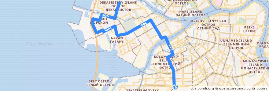 Mapa del recorrido Автобус № 100: Балтийский вокзал => улица Кораблестроителей (Наличная улица) de la línea  en São Petersburgo.