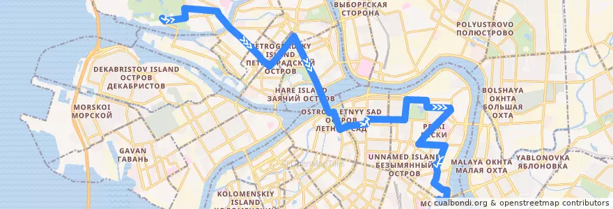 Mapa del recorrido Автобус № 46: Крестовский остров => площадь Александра Невского de la línea  en Санкт-Петербург.