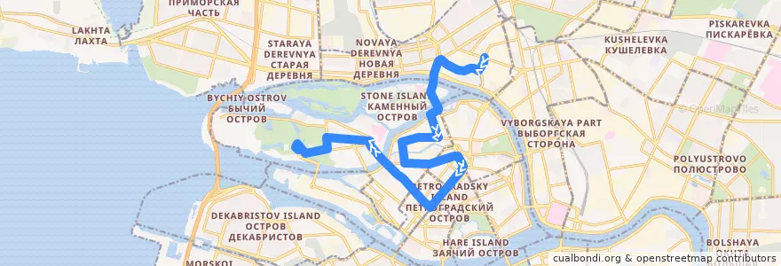 Mapa del recorrido Автобус № 25: Белоостровская улица => Крестовский остров de la línea  en Петроградский район.