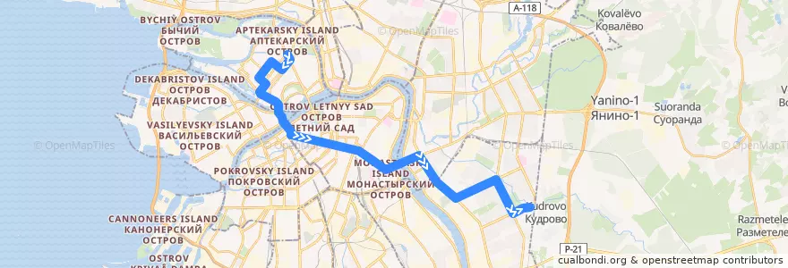 Mapa del recorrido Автобус № 191: станция метро «Петроградская» => река Оккервиль de la línea  en Saint Petersburg.