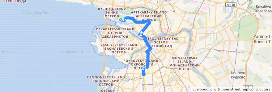 Mapa del recorrido Автобус № 10: Крестовский остров => Балтийский вокзал de la línea  en Санкт-Петербург.