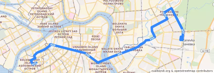 Mapa del recorrido Автобус № 27: Театральная площадь => Белорусская улица de la línea  en سانت بطرسبرغ.