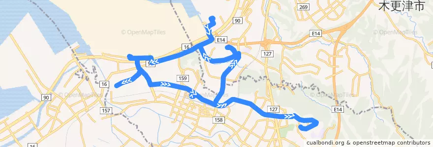 Mapa del recorrido 君津市内循環線（A廻り、水道山下経由） de la línea  en 千葉県.