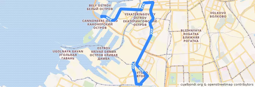 Mapa del recorrido Автобус № 66: Кировский завод => Канонерский остров de la línea  en Санкт-Петербург.