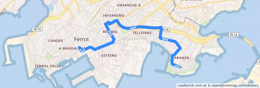 Mapa del recorrido Bus 9: Caranza => Praza de Galicia de la línea  en Ferrol.