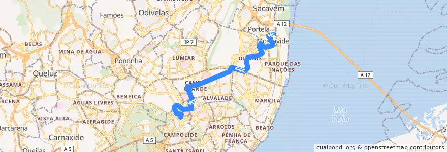Mapa del recorrido Bus 731: Moscavide Centro → Avenida José Malhoa de la línea  en Lisboa.