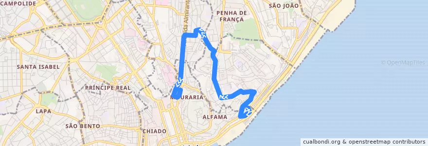 Mapa del recorrido Bus 734: Estação de Santa Apolónia → Martim Moniz de la línea  en لشبونة.